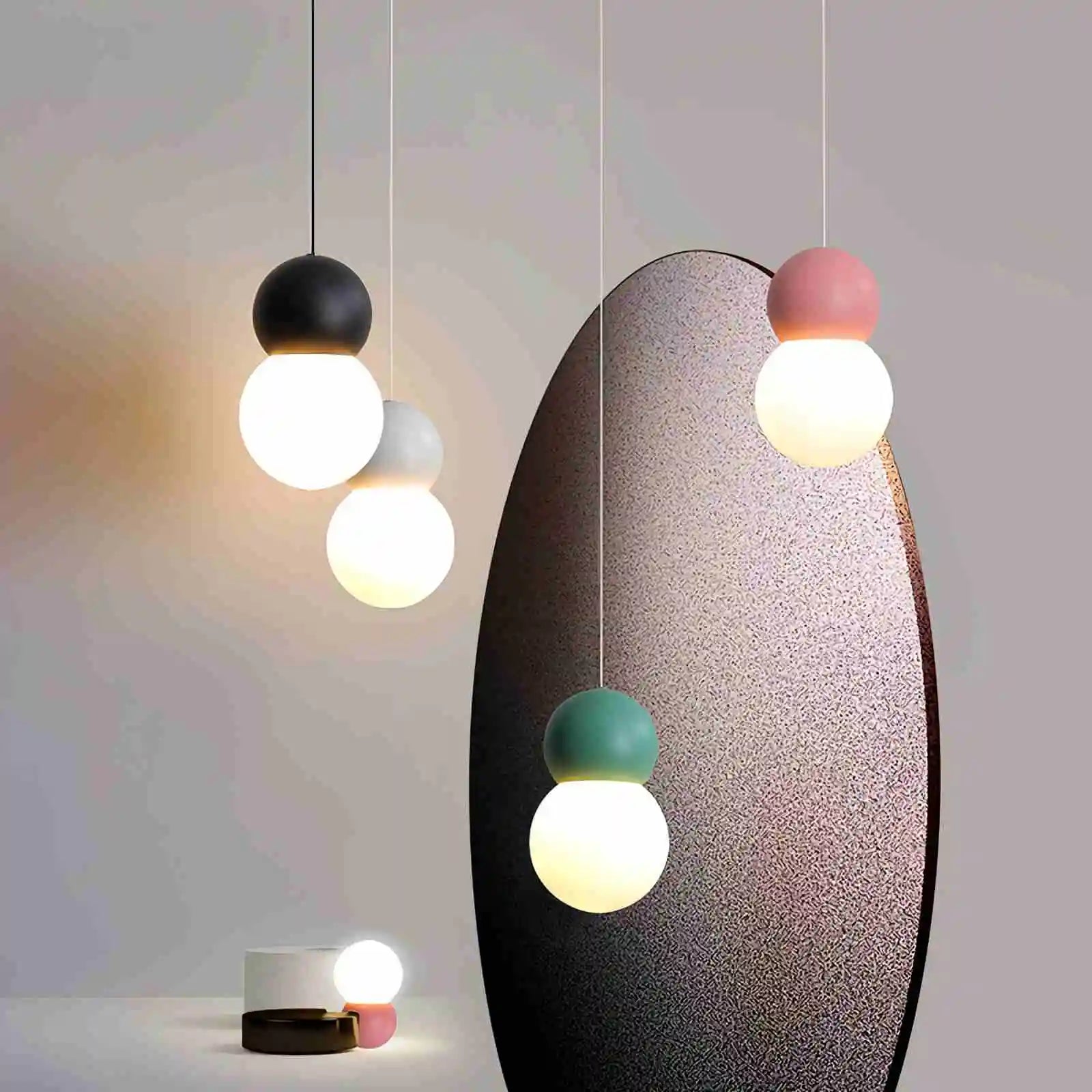 Kugelförmige Hängelampe im Creme-Stil, kleine Nachttischlampe | Desfino