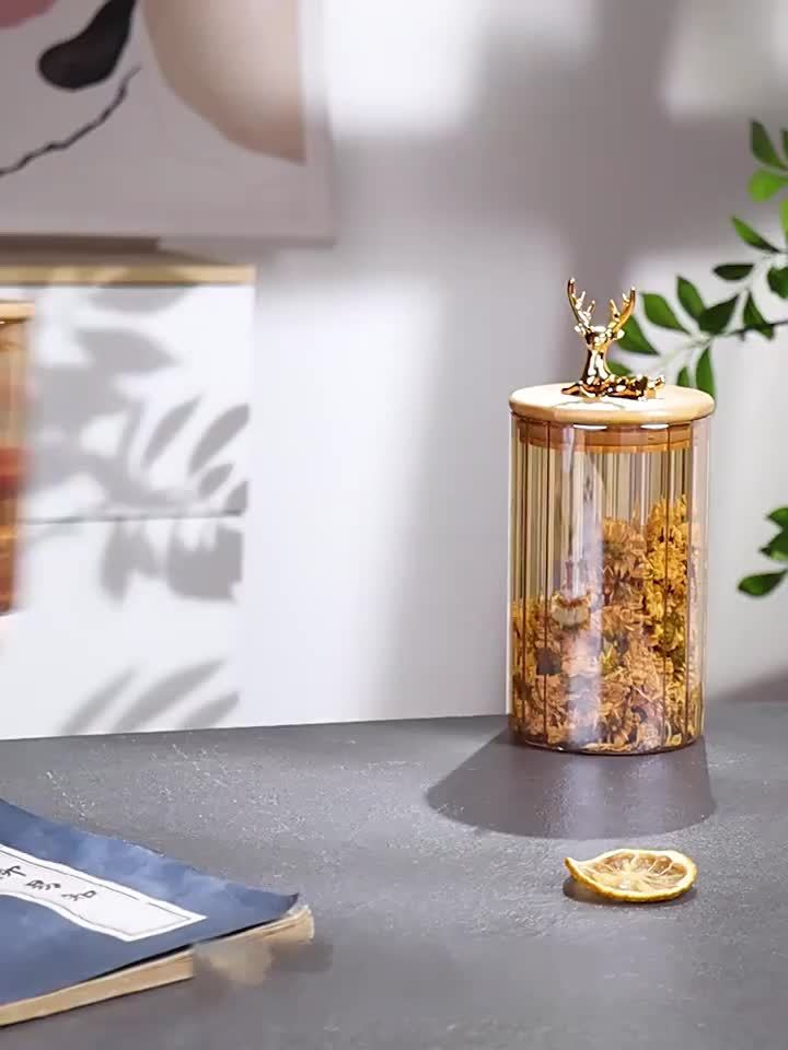Elowen voorraadpotten van amberkleurig glas, set van 3, gouden deksels met hertmotief, luchtdichte sluitingen - Desfino