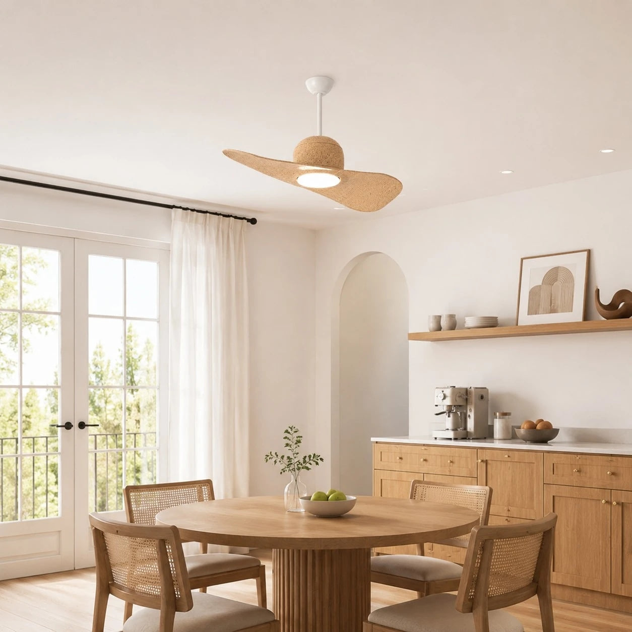 Deckenventilator mit hutähnlicher Leuchte und zwei Flügeln, integrierter LED-Diffusor