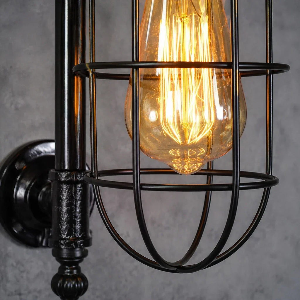 Wall Sconce — Vintage Cage Shade, Industrial Pipe Style
