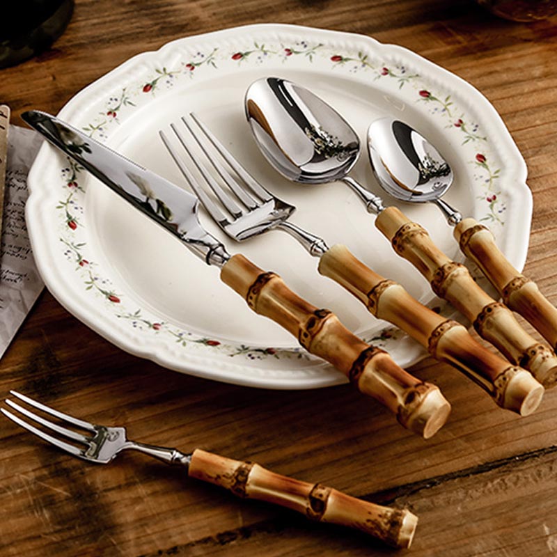 Ensemble de couverts haut de gamme en bambou et acier inoxydable — vaisselle de table écologique - Desfino