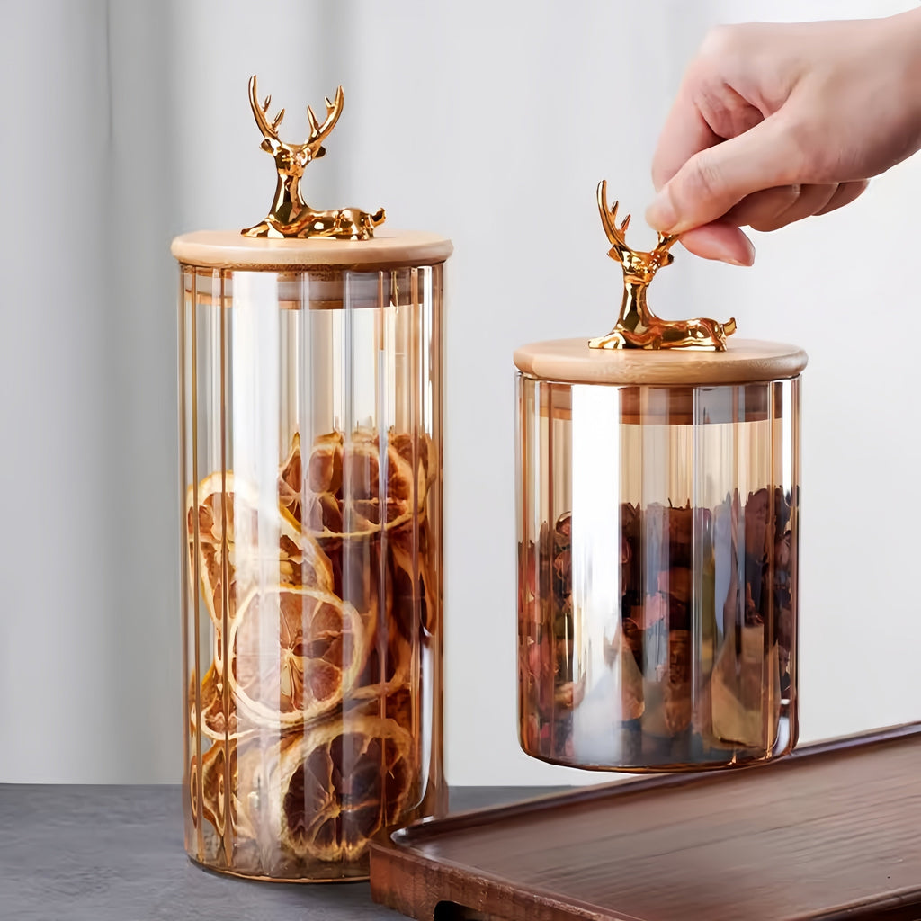 Elowen voorraadpotten van amberkleurig glas, set van 3, gouden deksels met hertmotief, luchtdichte sluitingen - Desfino