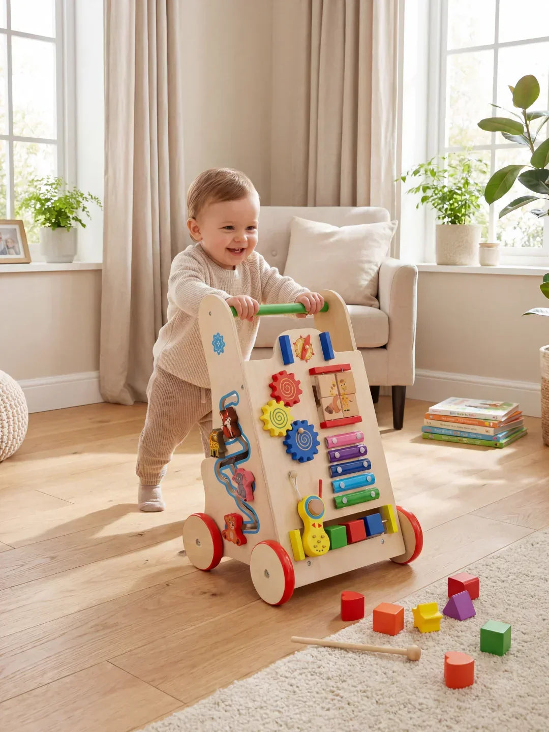 Wooden Baby Push Walker — Colorful Educational Activity Panel