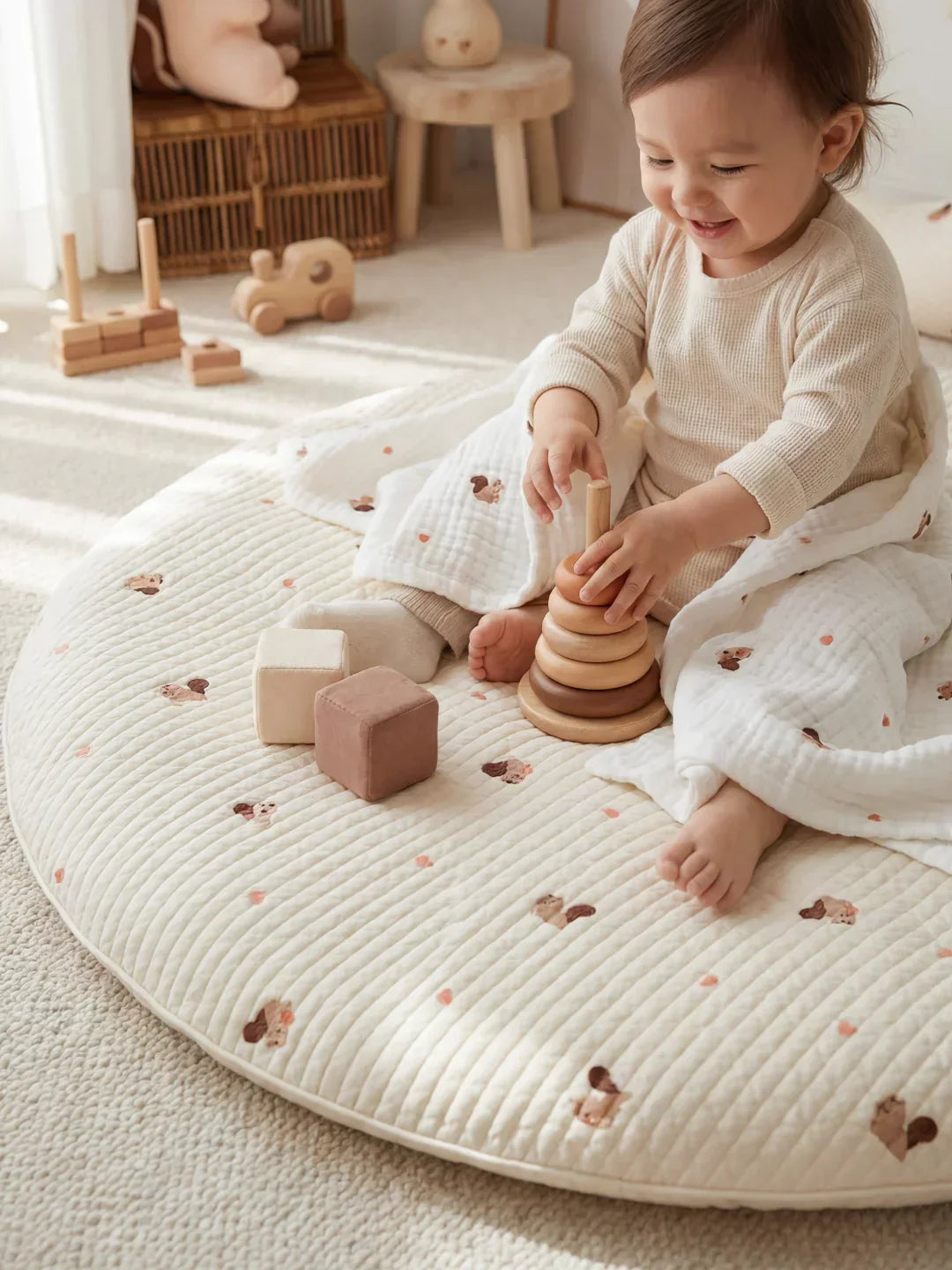 Circular Quilted Cotton Baby Play Mat — Dense Floor Cushion