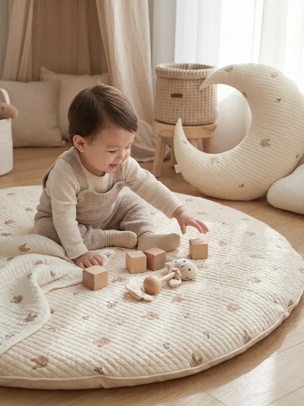 Circular Quilted Cotton Baby Play Mat — Dense Floor Cushion