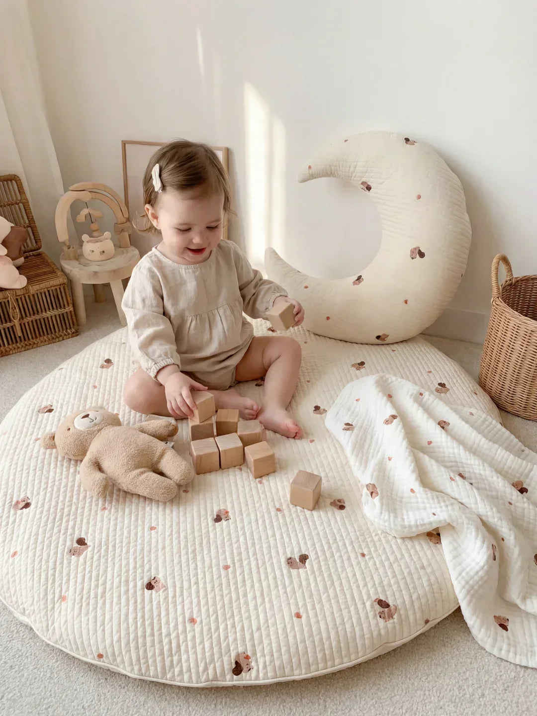 Circular Quilted Cotton Baby Play Mat — Dense Floor Cushion