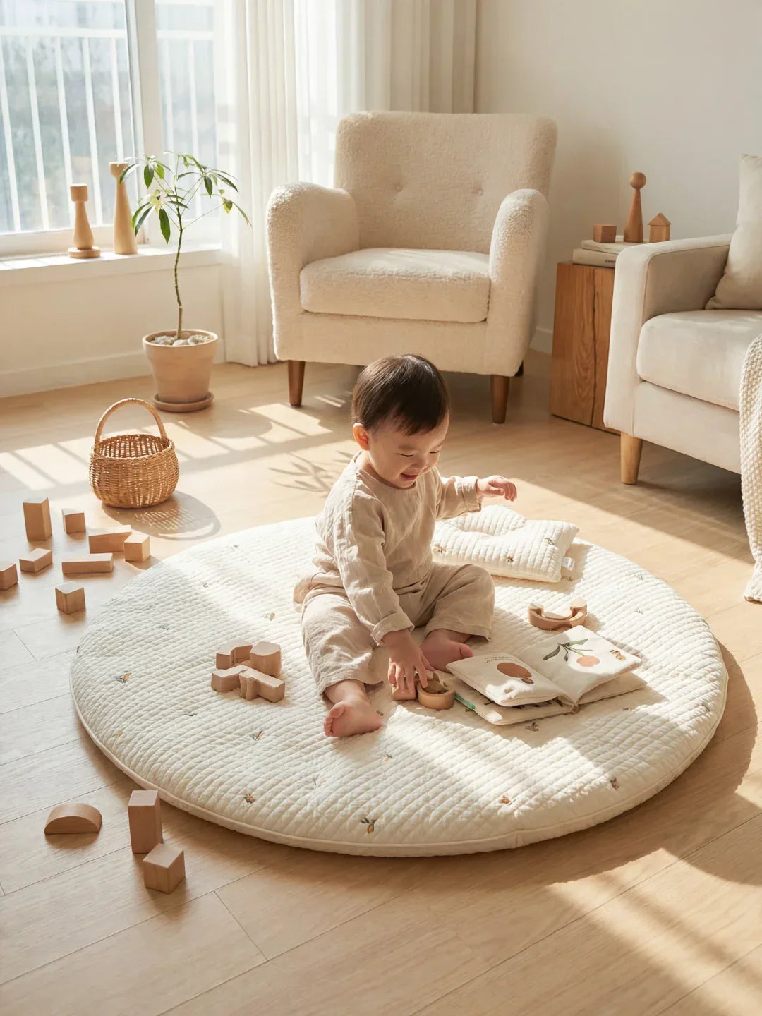 Circular Quilted Cotton Baby Play Mat — Dense Floor Cushion