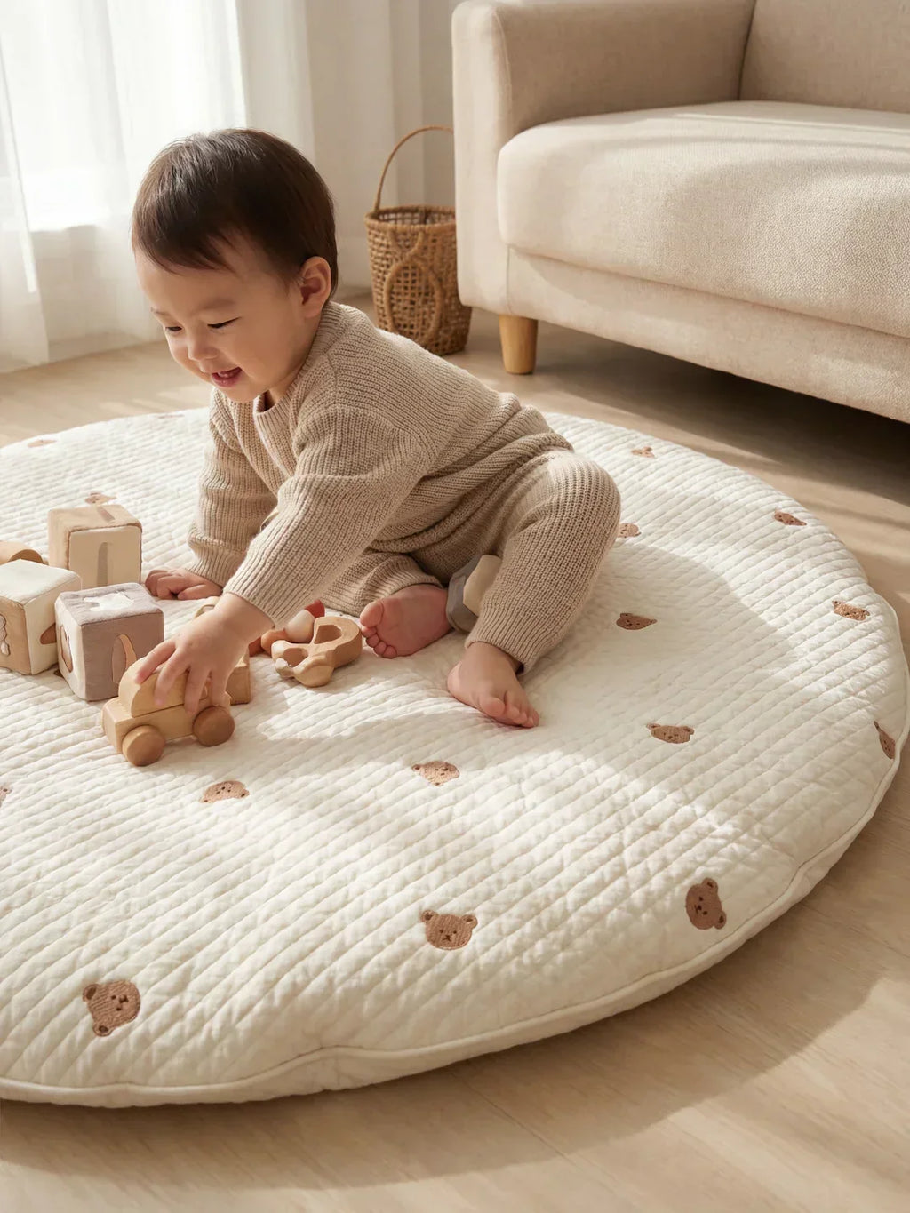 Circular Quilted Cotton Baby Play Mat — Dense Floor Cushion