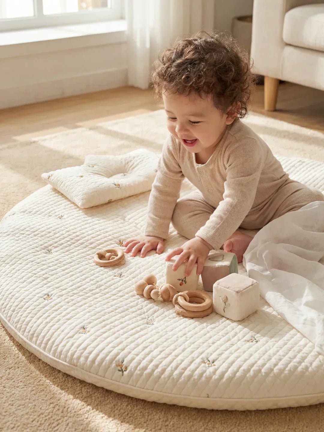 Circular Quilted Cotton Baby Play Mat — Dense Floor Cushion