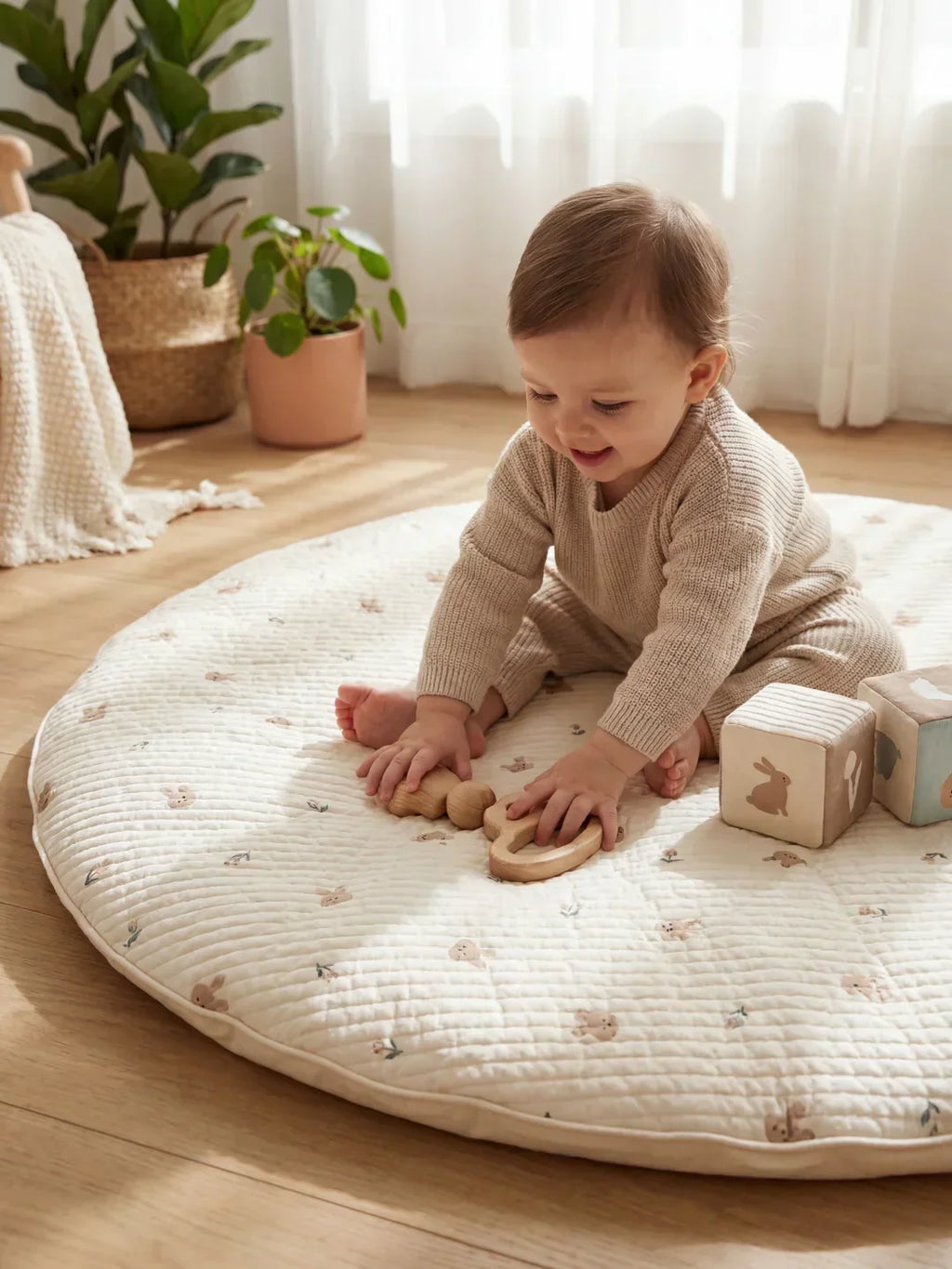 Circular Quilted Cotton Baby Play Mat — Dense Floor Cushion