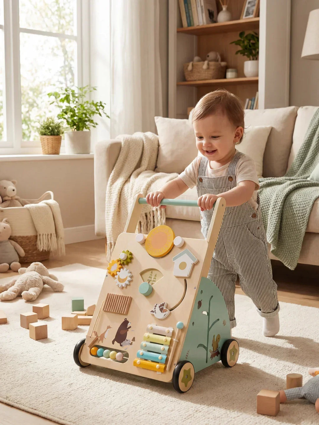 Holz-Baby-Lauflernwagen im Waldthema — stabilisierendes Design mit ansprechendem Aktivitätspanel
