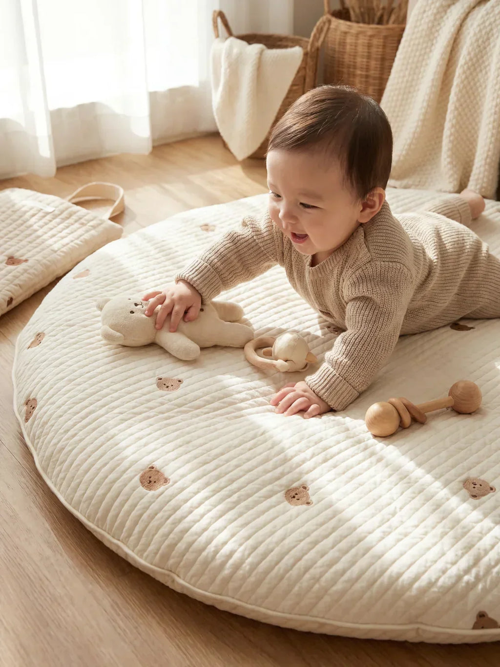 Circular Quilted Cotton Baby Play Mat — Dense Floor Cushion