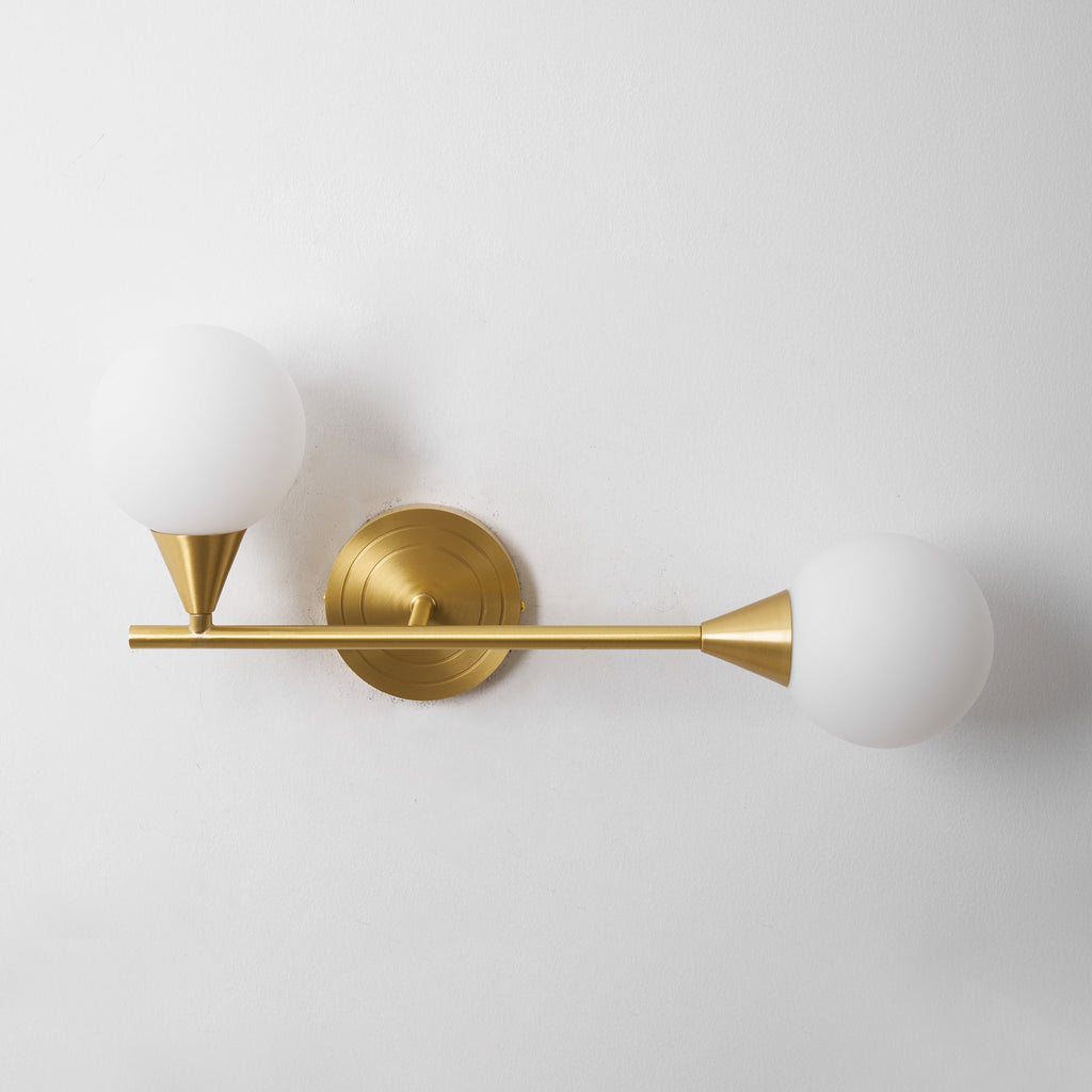 Holten Brass Armed Sconce — Two White Glass Globes