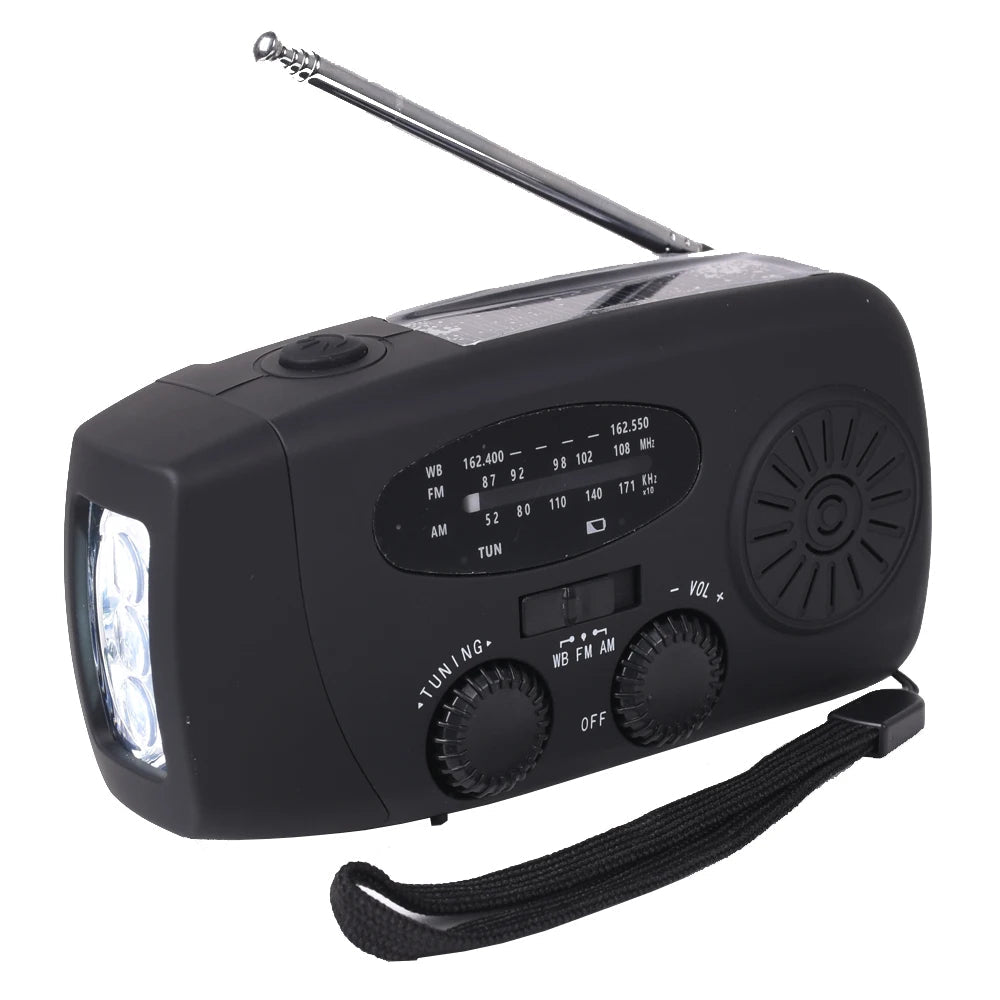 Rádio NovaPulse — solar AM/FM/NOAA, manivela, 3 LEDs, 2000mAh - Desfino