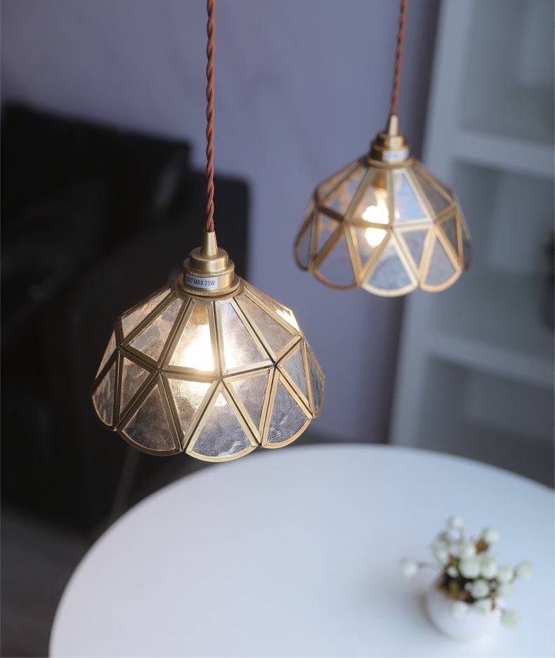 Elara messing hanglamp - heldere glazen kap, gedraaid snoer - Desfino