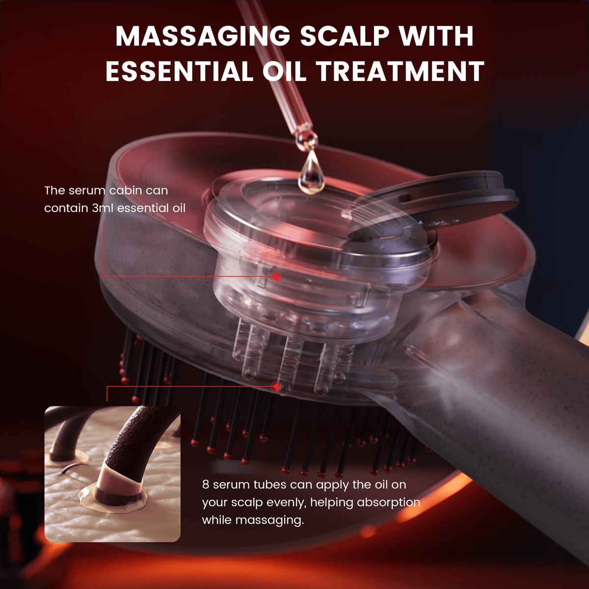Masážní přístroj pokožky hlavy TressGlow s červeným světlem pro podporu při řídnutí vlasů - Desfino