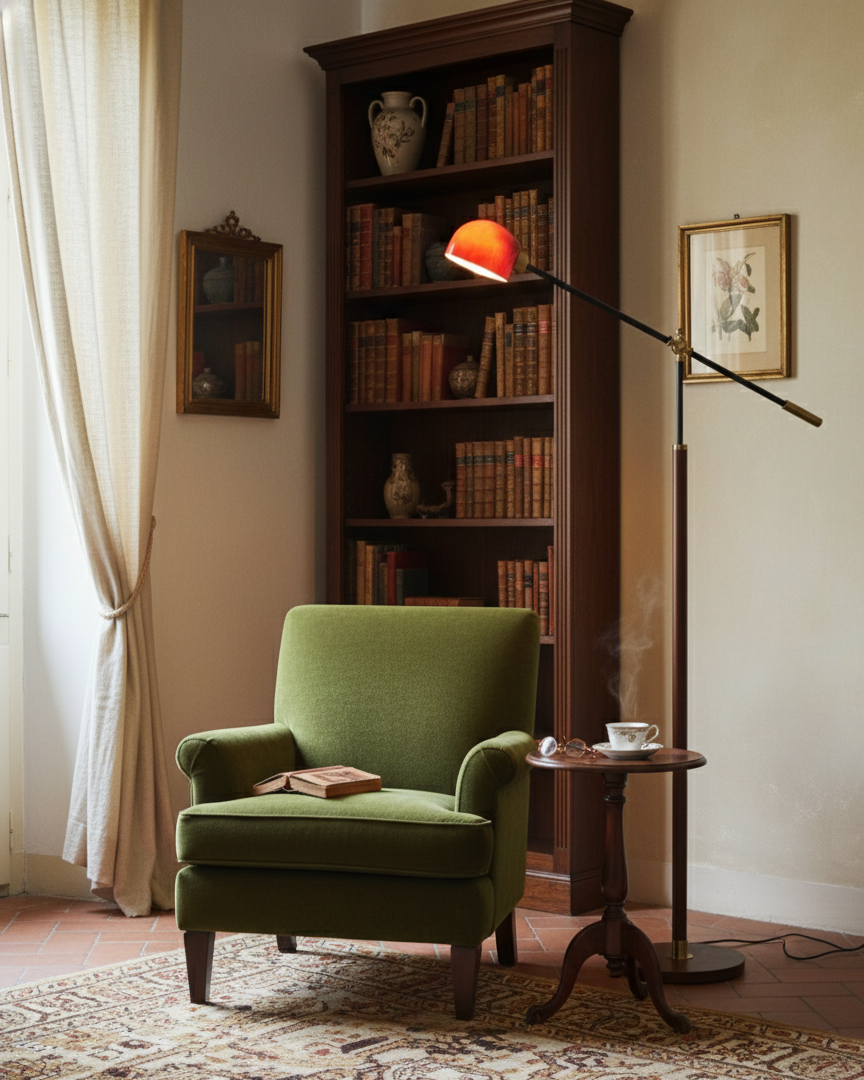 Stojací lampa Esilora Heritage Swing — dřevěný sloup, kovové otočné rameno