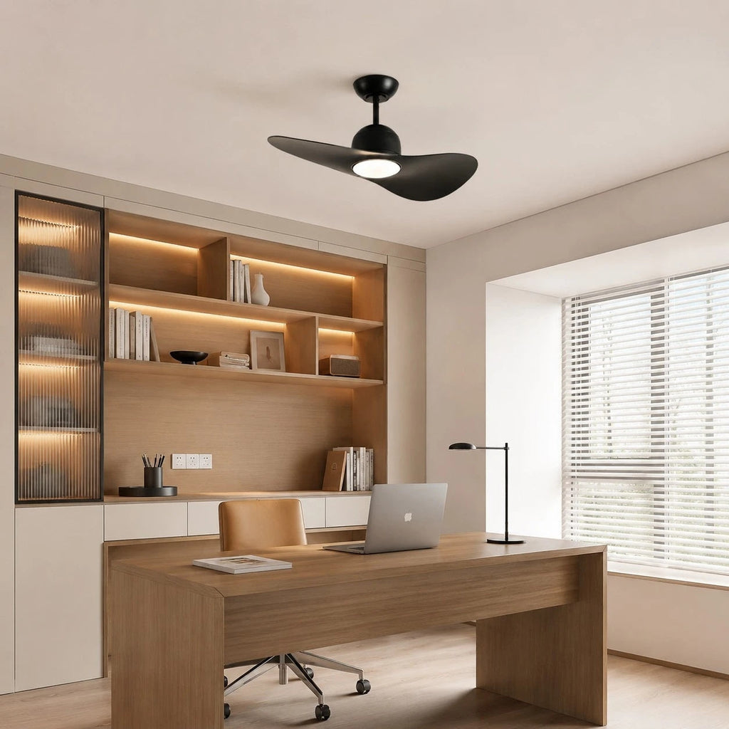 Deckenventilator mit hutähnlicher Leuchte und zwei Flügeln, integrierter LED-Diffusor