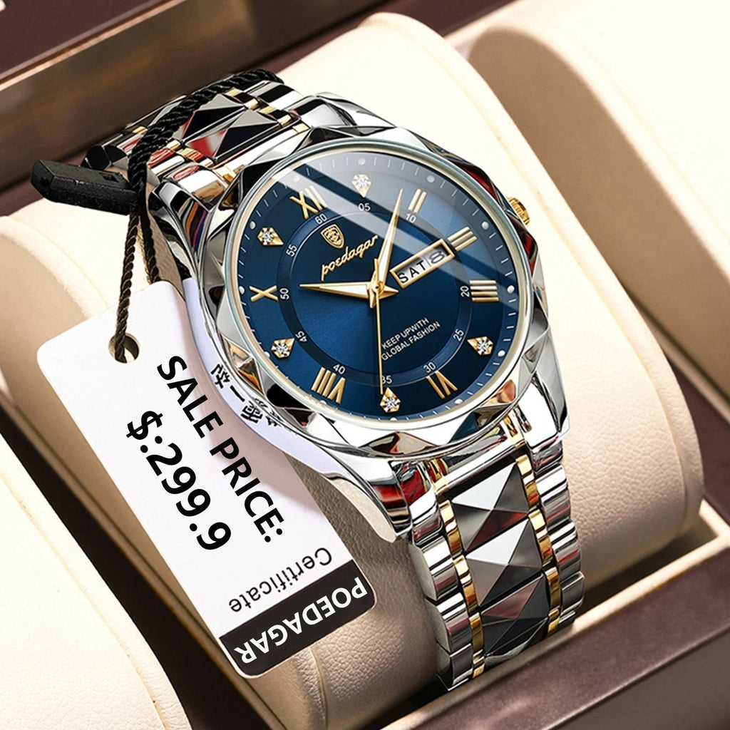 Maristel vanntett kvartsur for menn—40 mm svart, grønne visere, dag-dato - Desfino