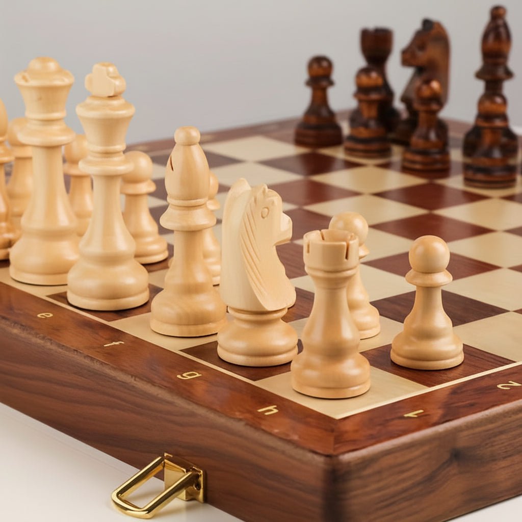 Holz-Schachset für Turniere - Klassisches faltbares Brett, Holzfiguren - Desfino