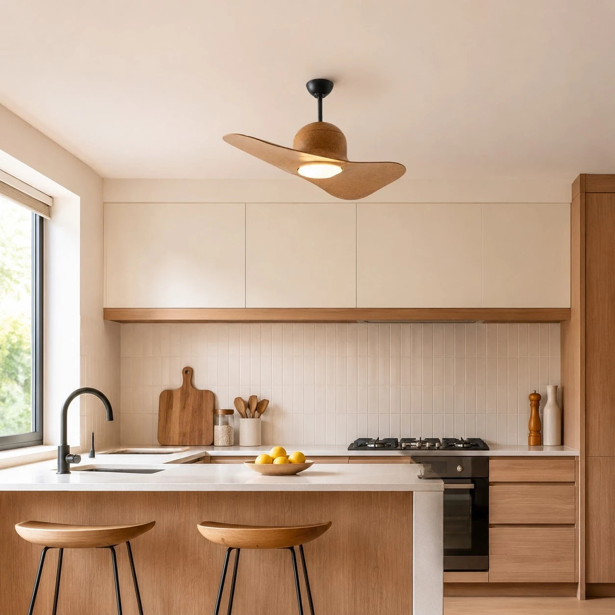 Deckenventilator mit hutähnlicher Leuchte und zwei Flügeln, integrierter LED-Diffusor