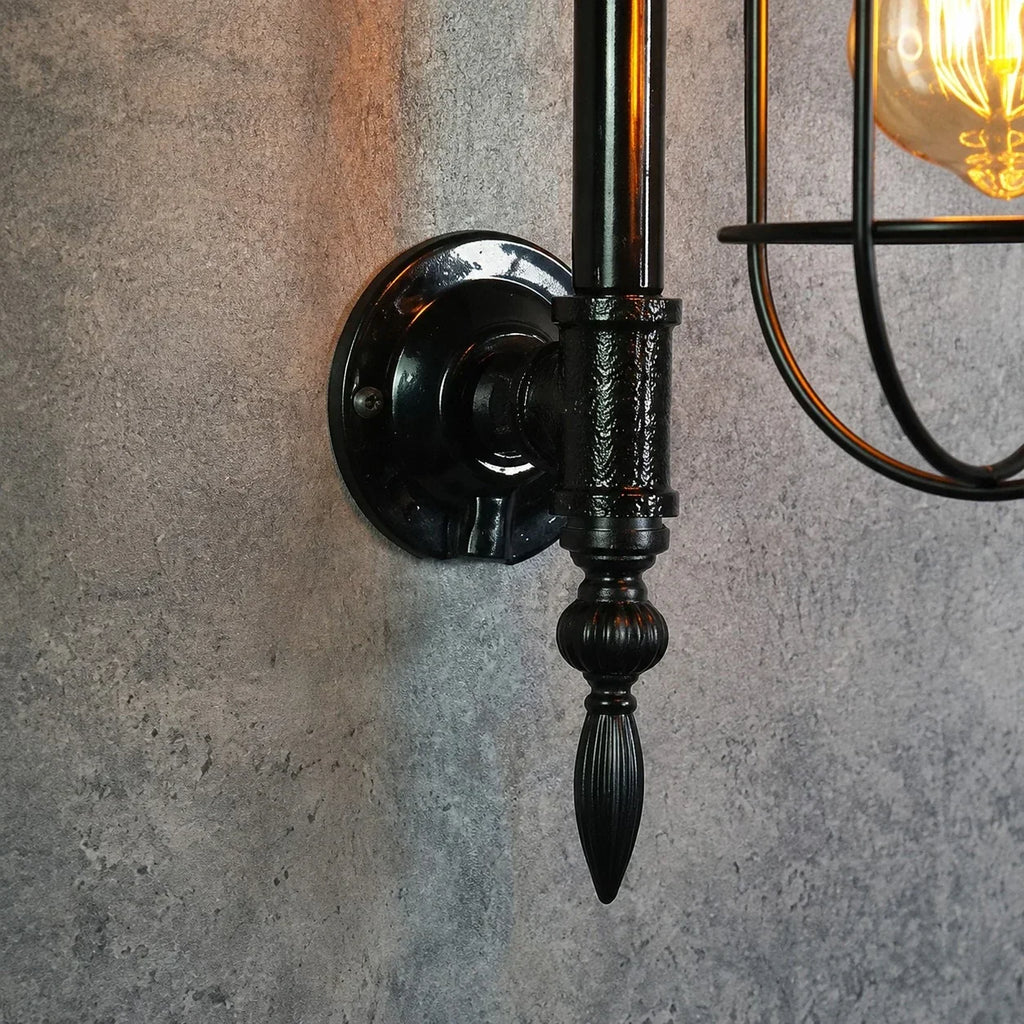 Wall Sconce — Vintage Cage Shade, Industrial Pipe Style