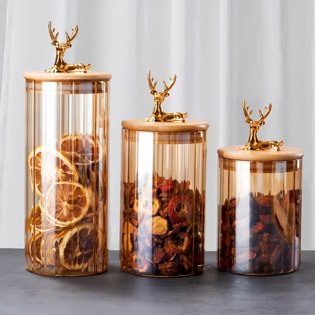 Elowen voorraadpotten van amberkleurig glas, set van 3, gouden deksels met hertmotief, luchtdichte sluitingen - Desfino