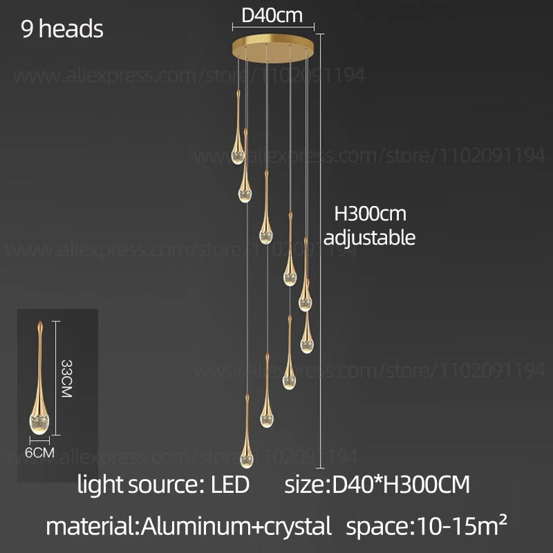 鎏金水滴水晶吊灯 — 暖光 LED 灯具 - Desfino
