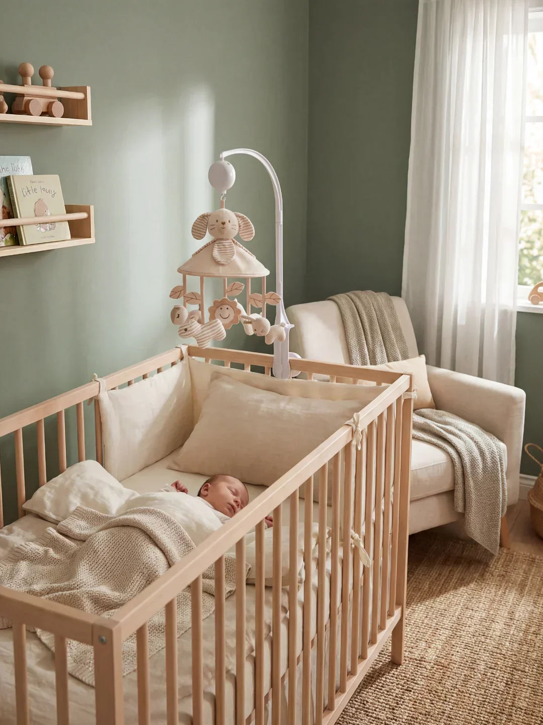 Dřevěný hudební kolotoč pro miminko s podpěrným ramenem — uklidňující závěsný design
