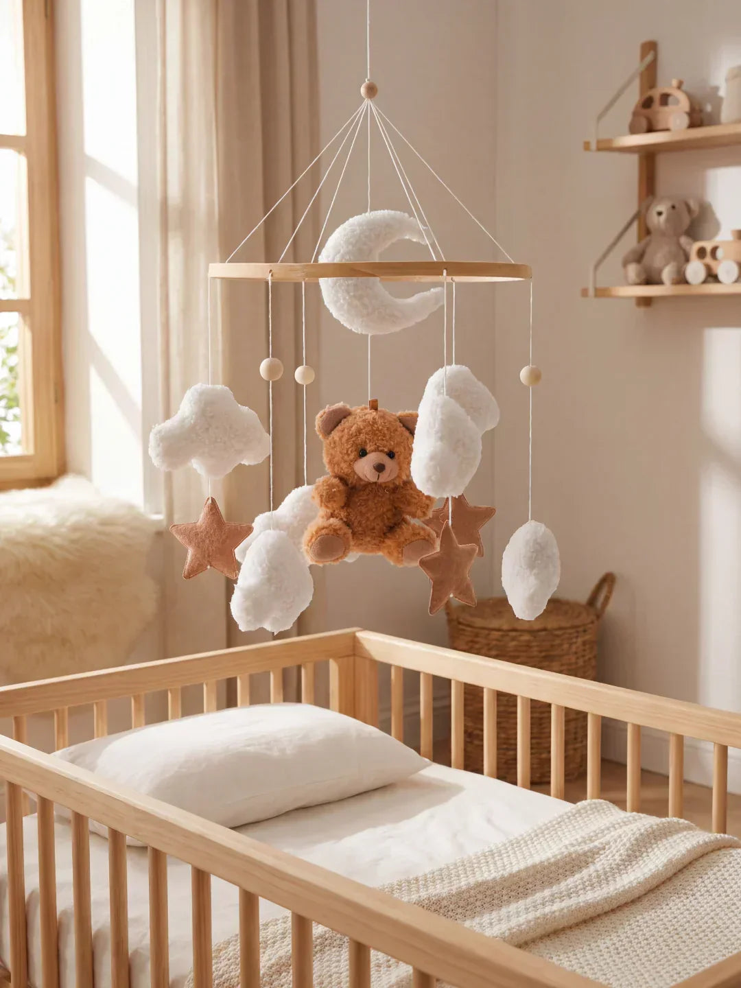 Minimalistisches Mobile aus Holz für das Babybett – am Bettgestell befestigter Arm, leichte Holzfiguren