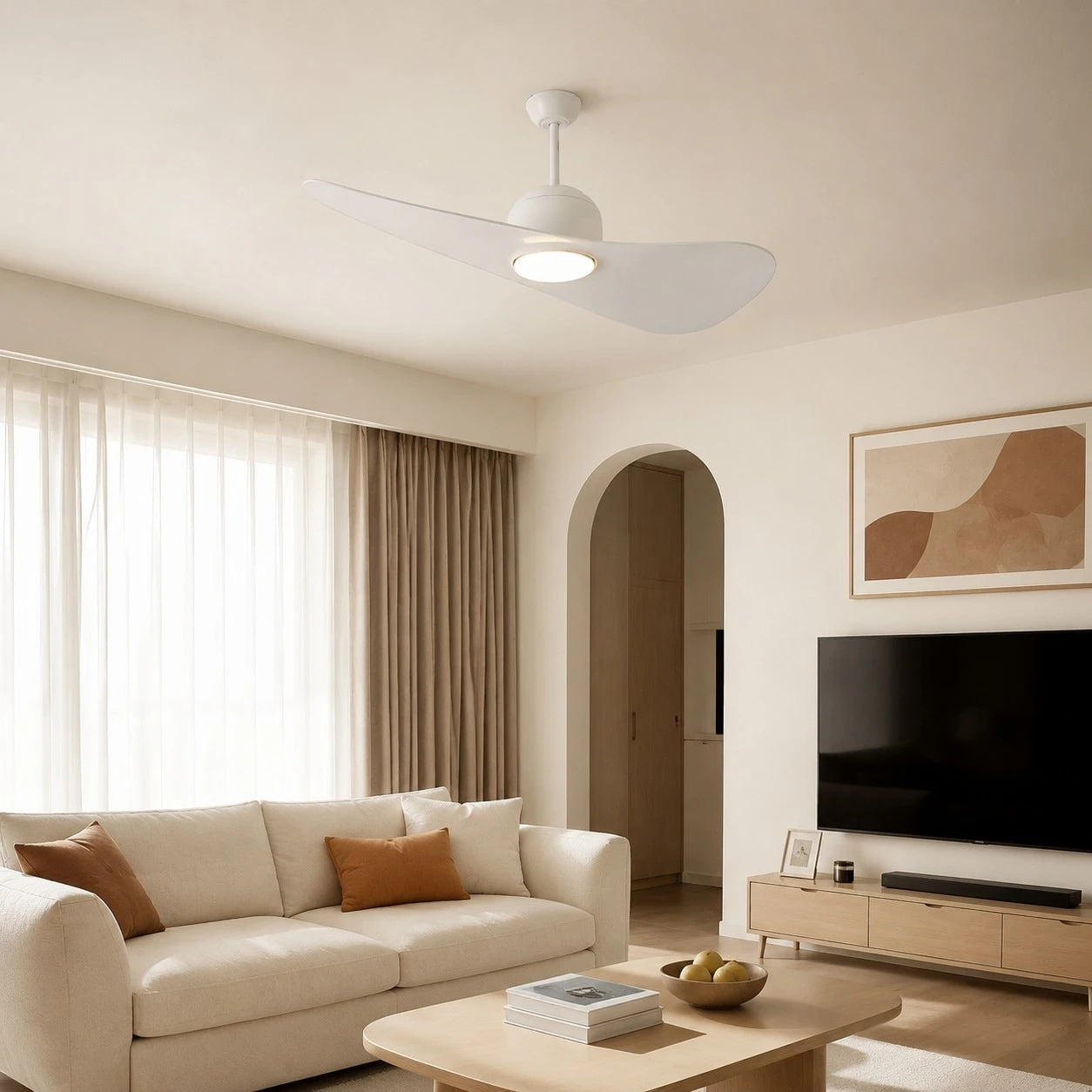 Deckenventilator mit hutähnlicher Leuchte und zwei Flügeln, integrierter LED-Diffusor