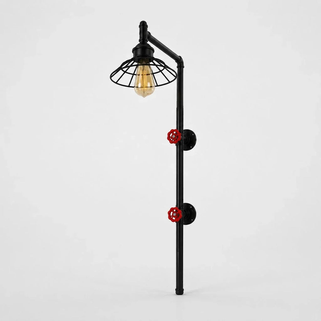Industrielle Rohr-Wandleuchte – rote Ventilakzente, freiliegender Arm