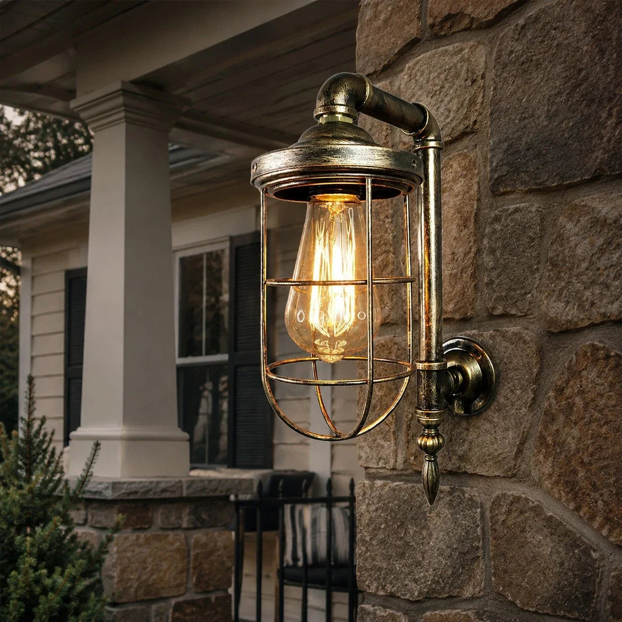 Wall Sconce — Vintage Cage Shade, Industrial Pipe Style