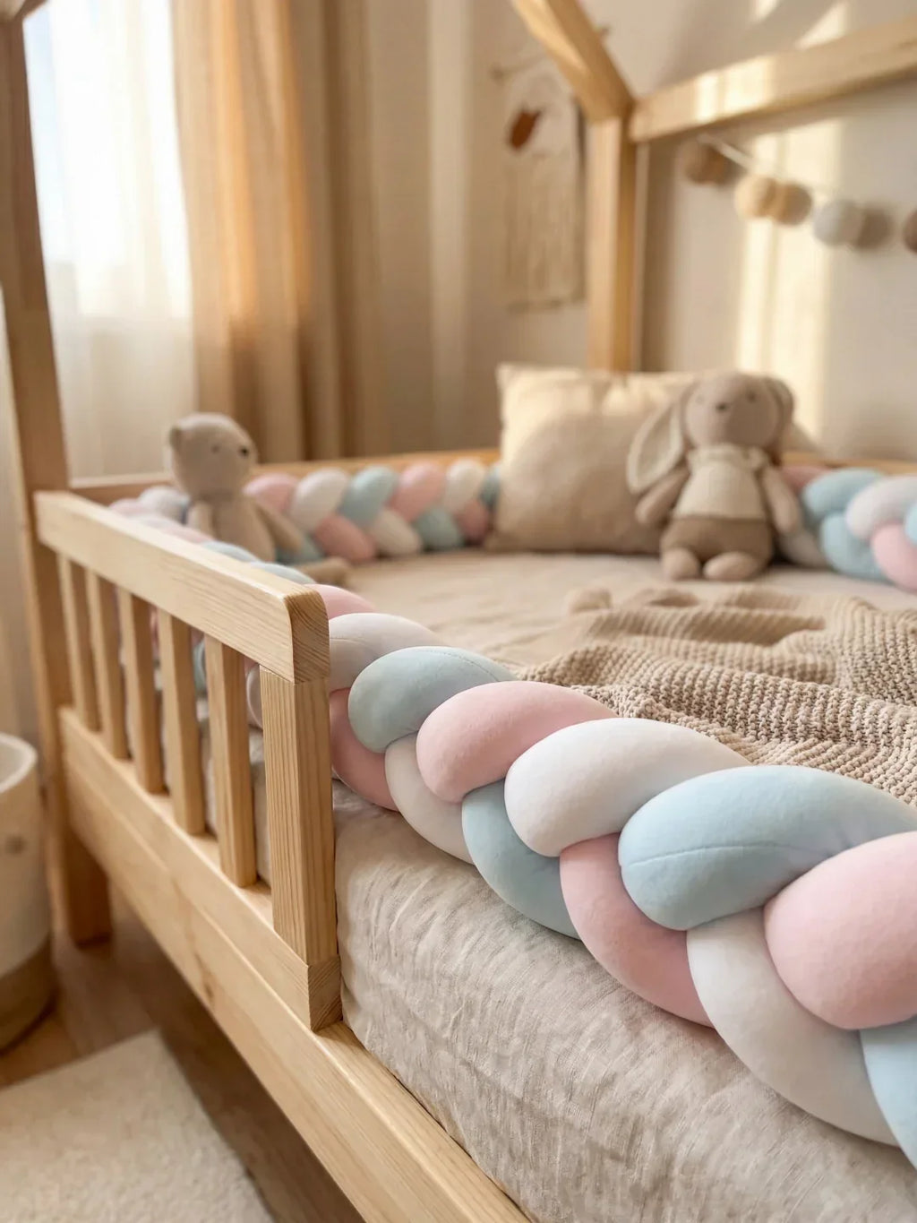 Geflochtener Babybett-Umrandungsschutz aus terrakottafarbenem Samt – sicherer gepolsterter Rand