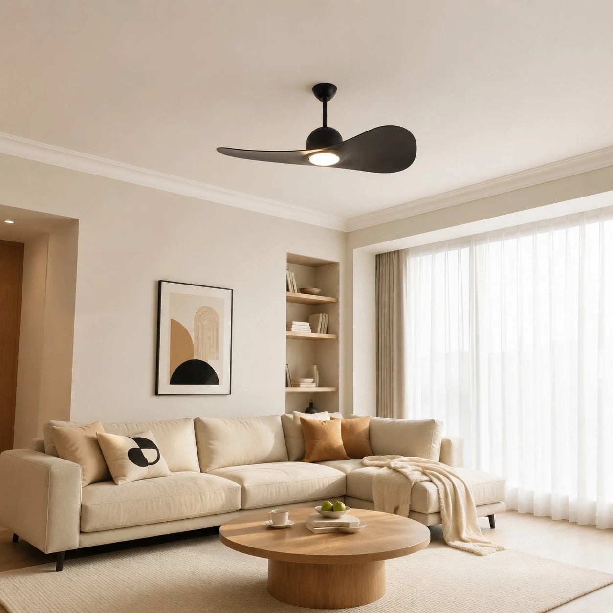 Deckenventilator mit hutähnlicher Leuchte und zwei Flügeln, integrierter LED-Diffusor