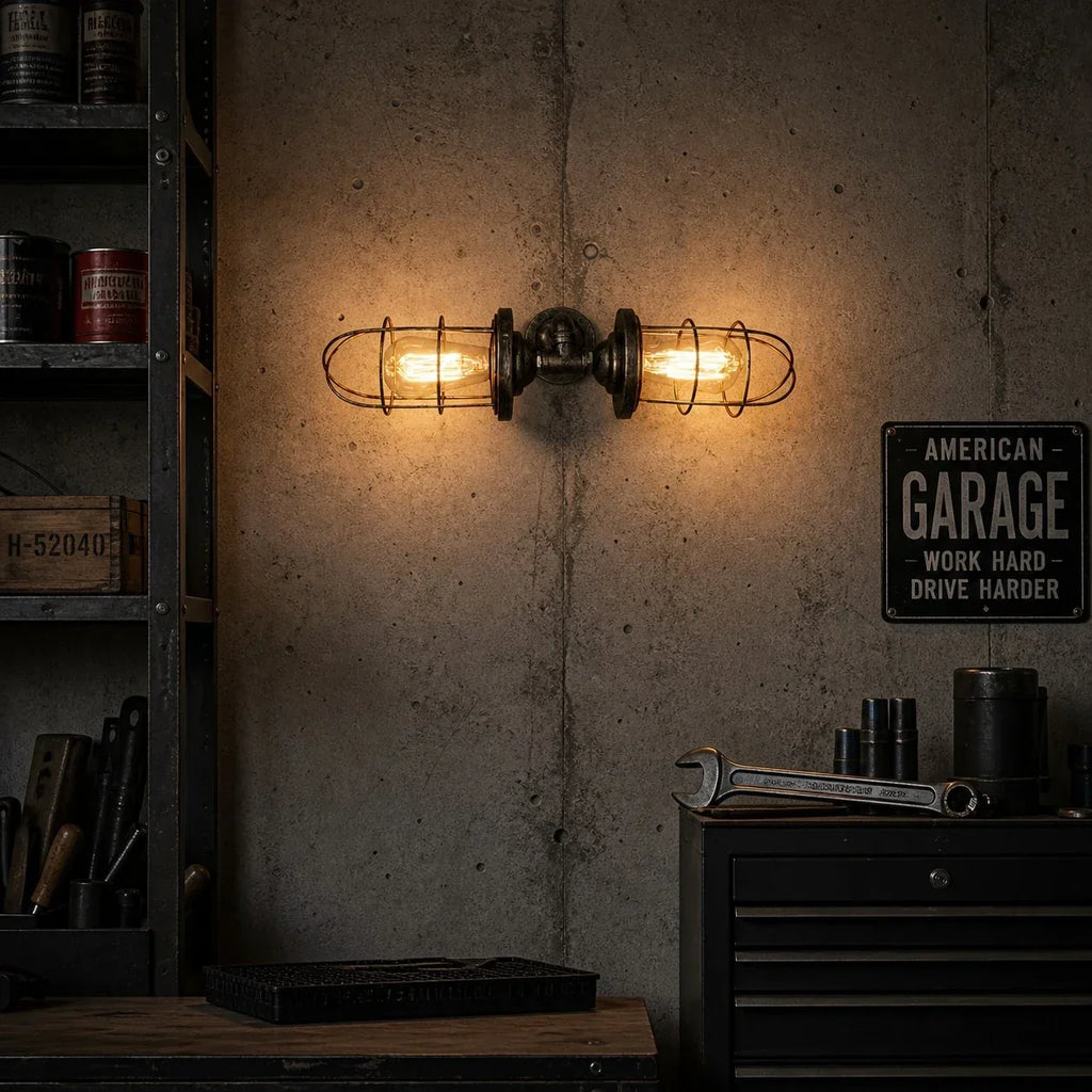 Industrielle Käfig-Wandleuchte, Vintage-Wandlampe aus Metall, sichtbares Leuchtmittel, wahlweise mit einem oder zwei Köpfen