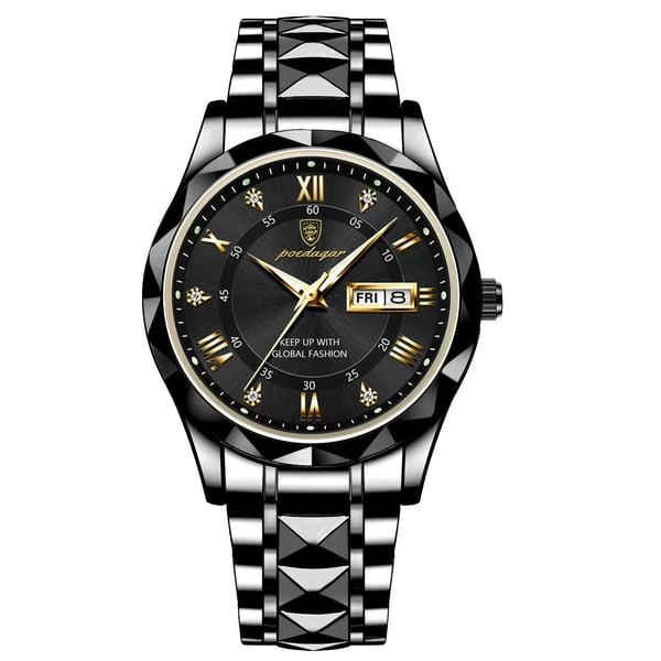 Maristel vanntett kvartsur for menn—40 mm svart, grønne visere, dag-dato - Desfino