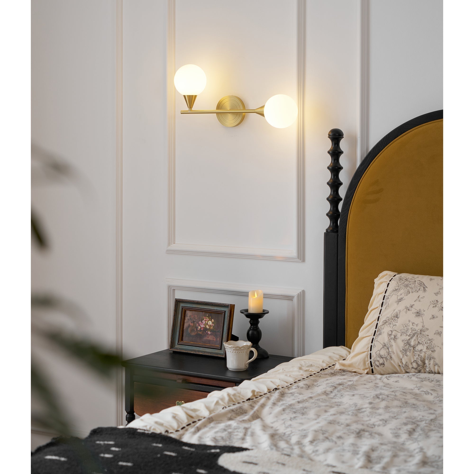 Holten Brass Armed Sconce — Two White Glass Globes