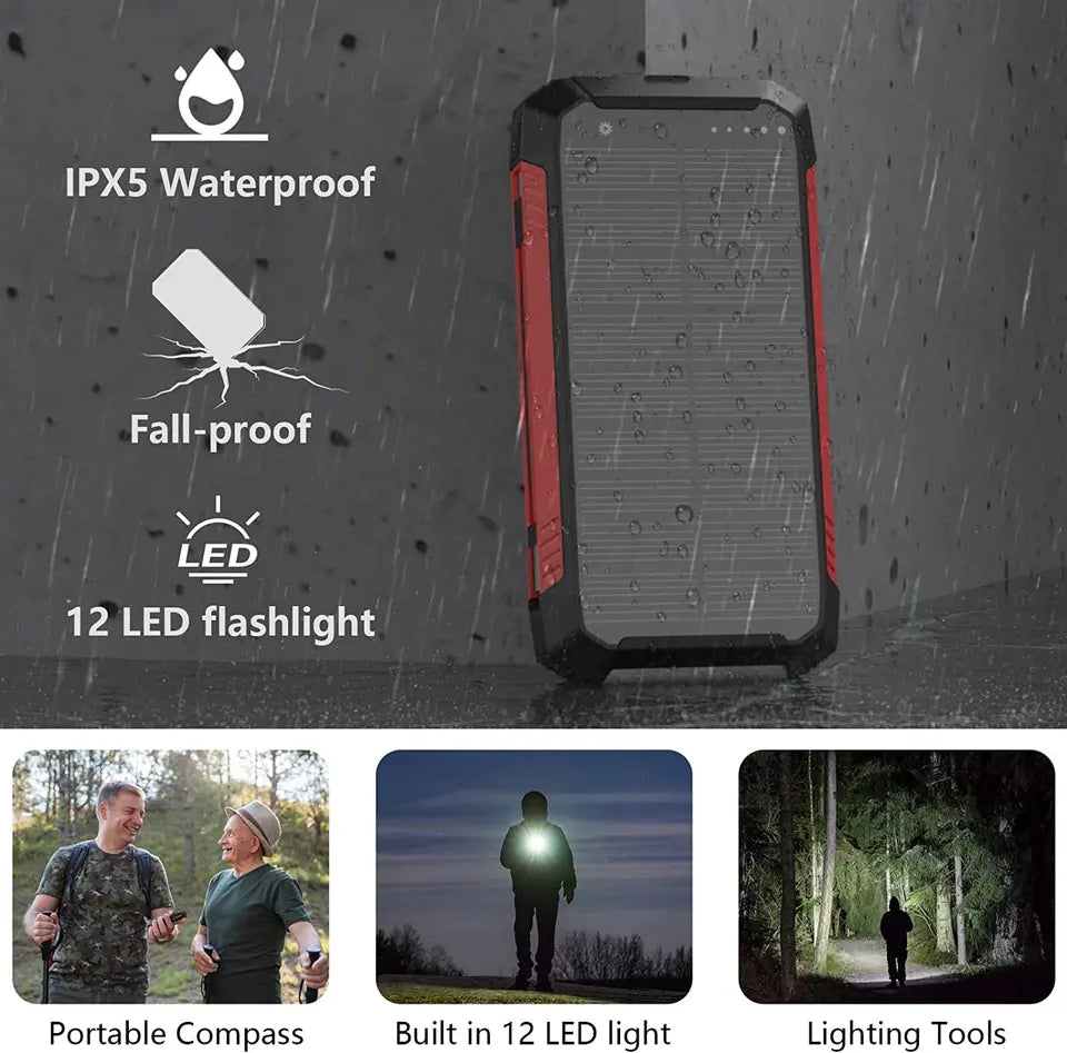 Power bank solare EclipseVolt da 30.000mAh — impermeabile, 2 porte USB, pad Qi da 5W