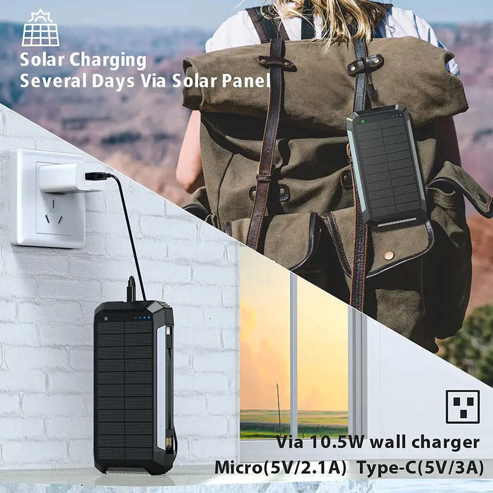 Power bank solare EclipseVolt da 30.000mAh — impermeabile, 2 porte USB, pad Qi da 5W