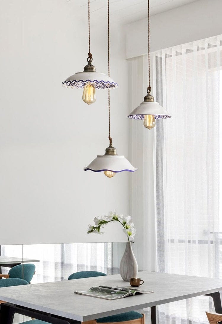 ポルトガルタイル風陶器プレートLEDペンダントライト、電球付き - Desfino