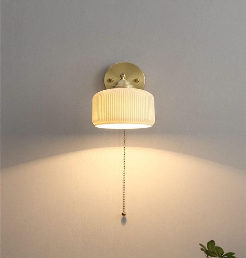 Ribbed Ceramic Sconce — Cup Shade, Brushed Brass Body, Bulb Included - Desfino