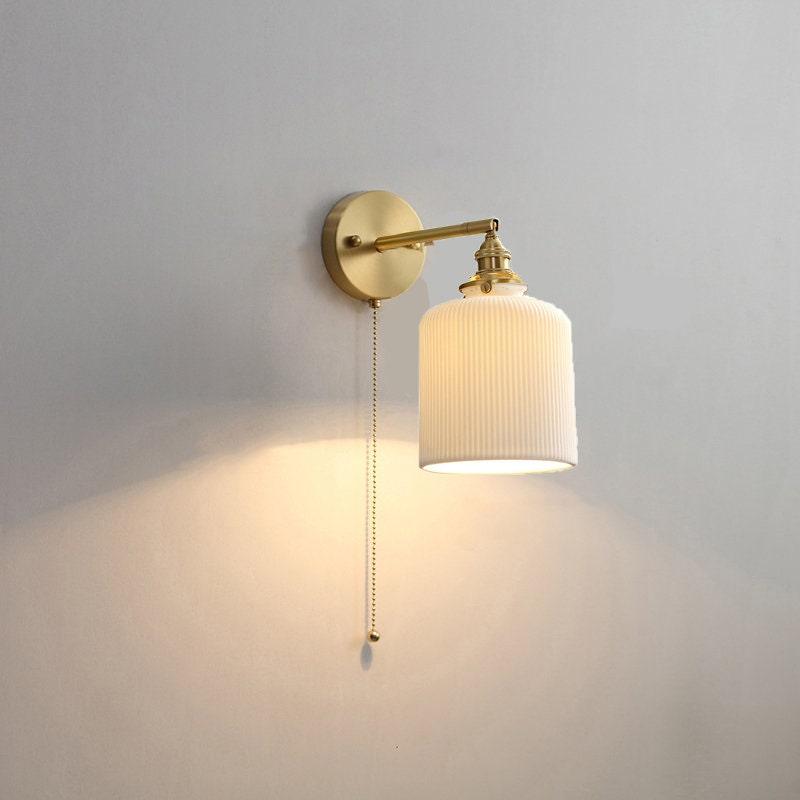 Ribbed Ceramic Sconce — Cup Shade, Brushed Brass Body, Bulb Included - Desfino