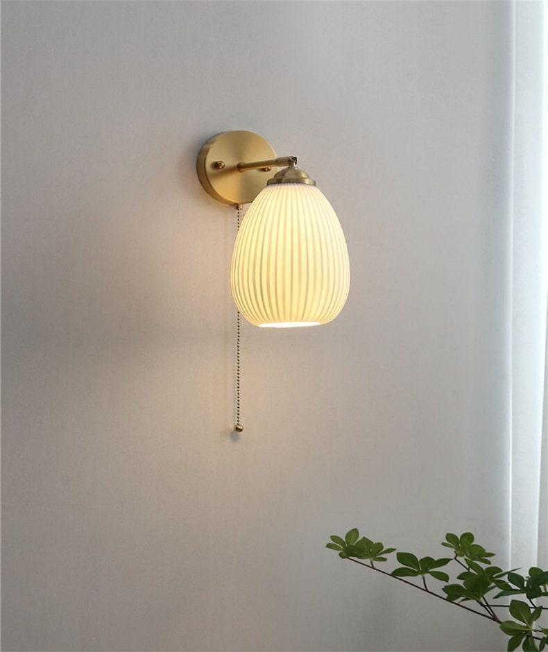 Ribbed Ceramic Sconce — Cup Shade, Brushed Brass Body, Bulb Included - Desfino
