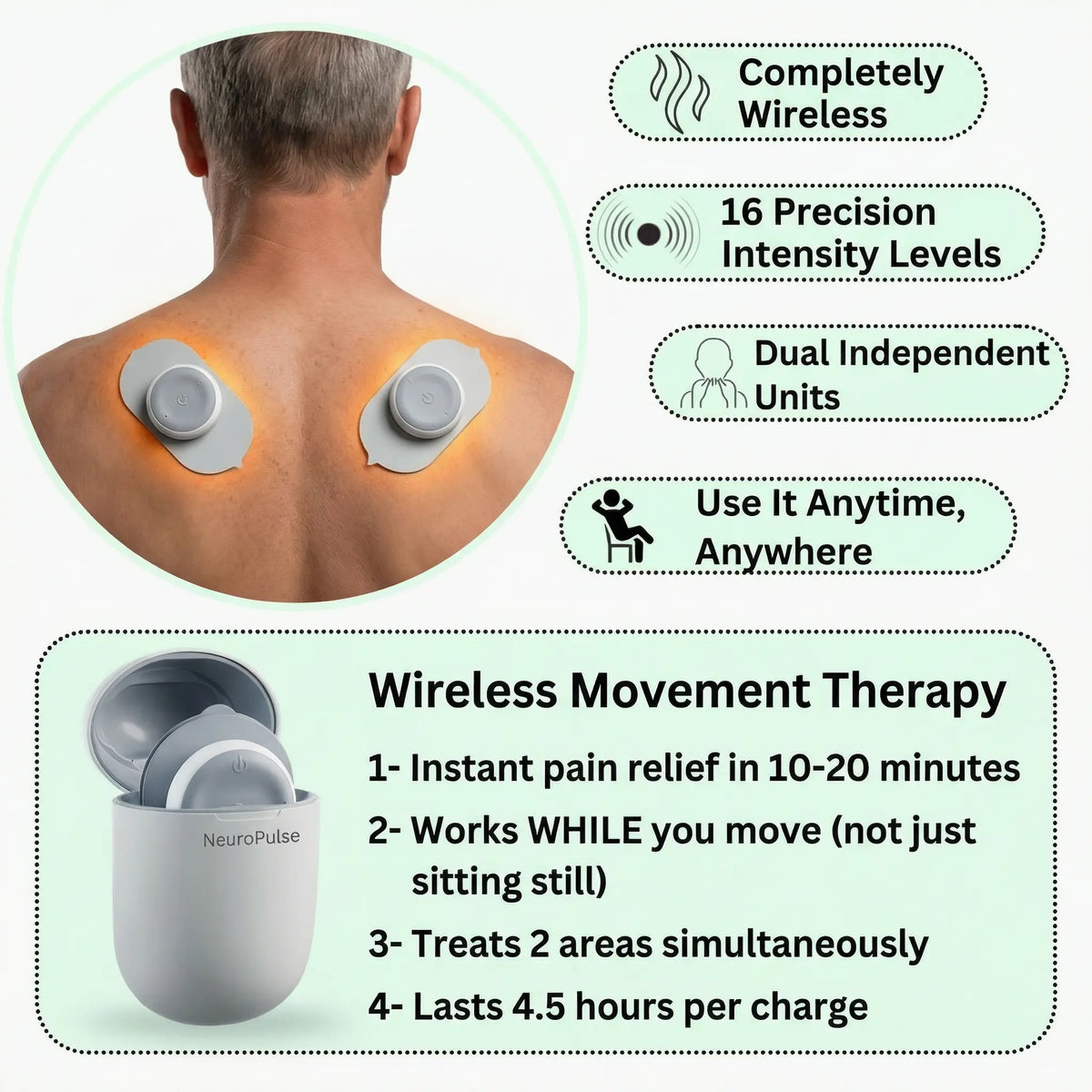 Estimulador muscular TENS sem fios — 6 modos, 16 níveis de intensidade - Desfino