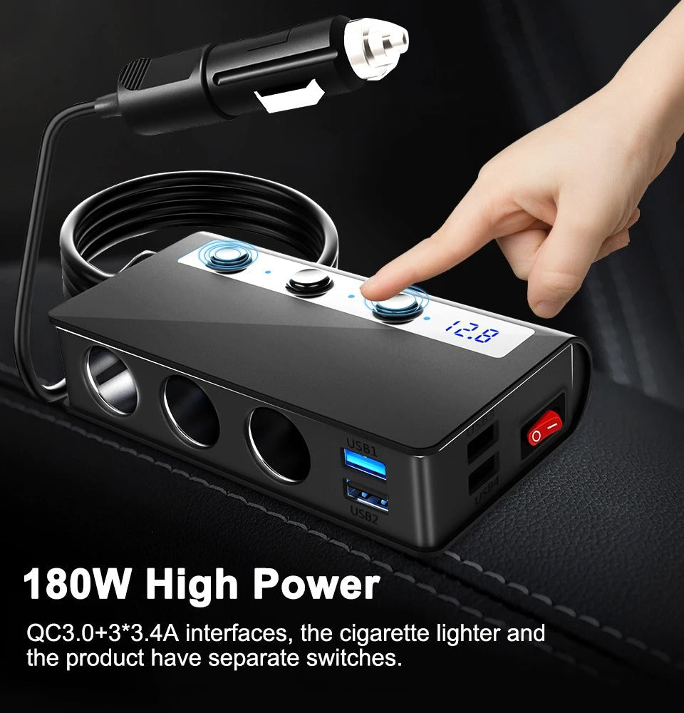 Vela 180W billaddare med 4 portar — cigarettändaruttag och USB-portar - Desfino
