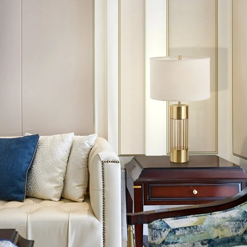 Aurora Nordic Brass Table Lamp — Linen Shade, Soft Glow - Desfino
