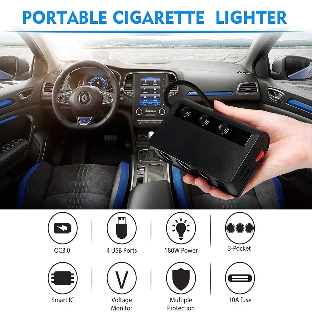 Vela 180W billaddare med 4 portar — cigarettändaruttag och USB-portar - Desfino