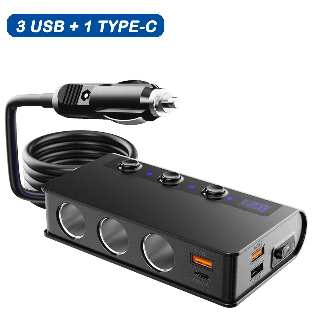 Vela 180W billaddare med 4 portar — cigarettändaruttag och USB-portar - Desfino