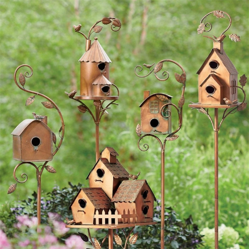 Metal Art Birdhouse on Garden Stake